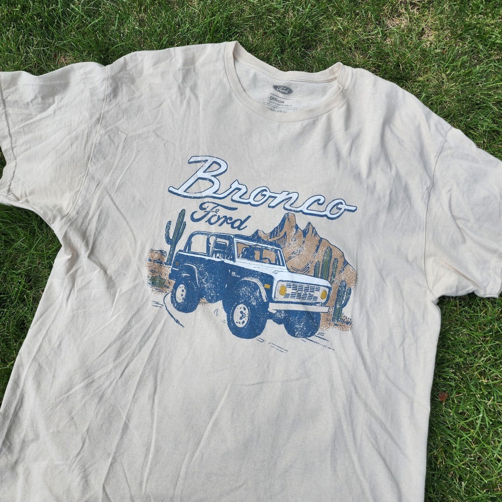 Ford Bronco T Shirt Mens XL Graphic Tee Cotton Tan Blue Vintage Style Off Road